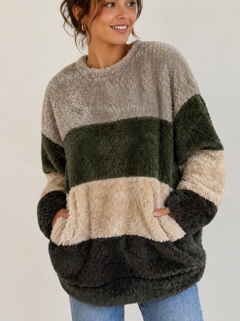 Sherpa Fleece Colorblock Pullover Oversized Cozy Sweatshirt XL NWOT
